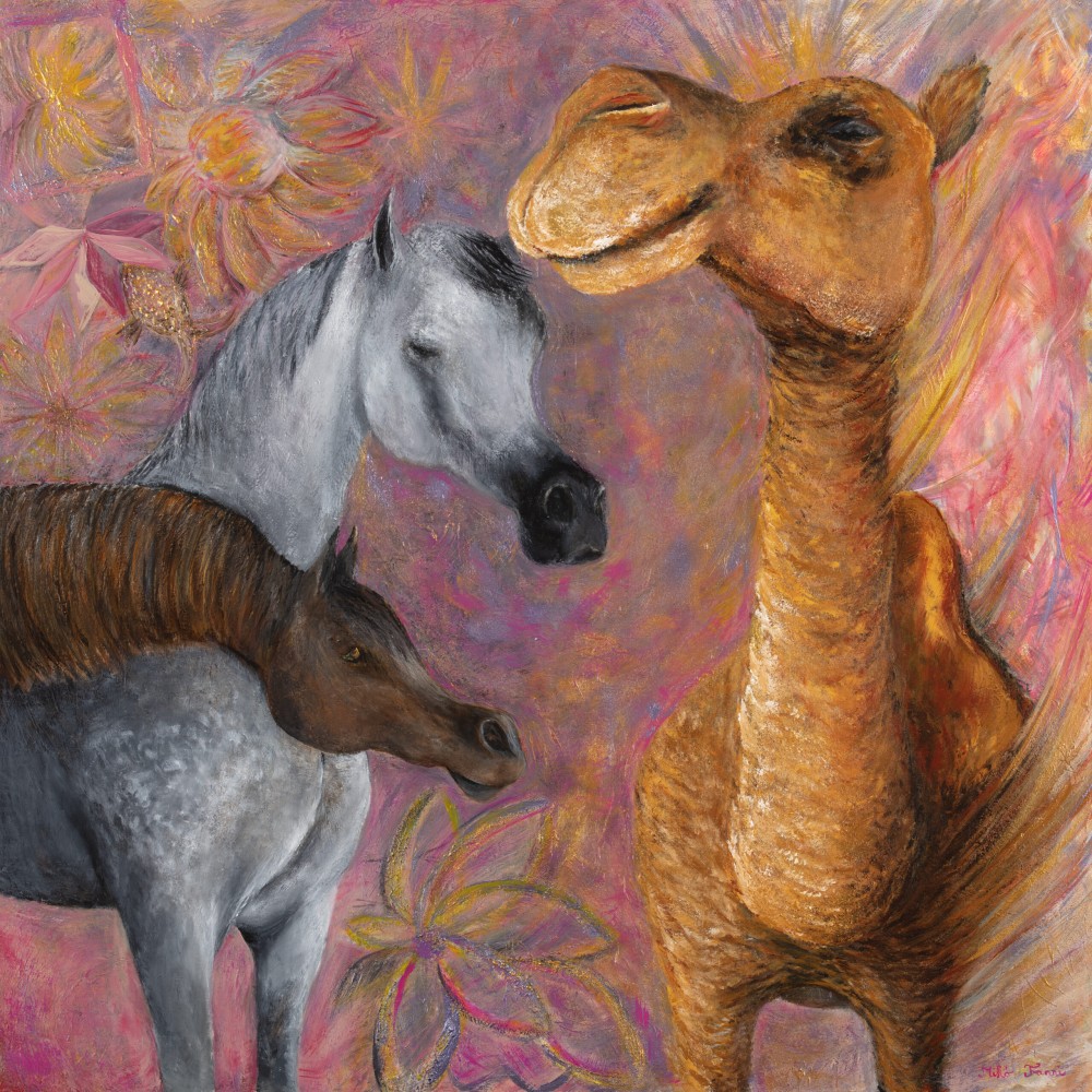 Fanni Mikó THE CAMEL WITH TWO HORSES - 2023, ACRYLIC, CANVAS - 100 X 100 Obrazy