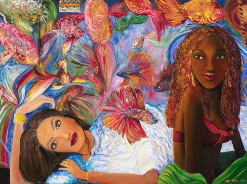 Fanni Mikó FEMALES AND BETTAS - 2023, ACRYLIC, CANVAS - 90 X 120 Obrazy